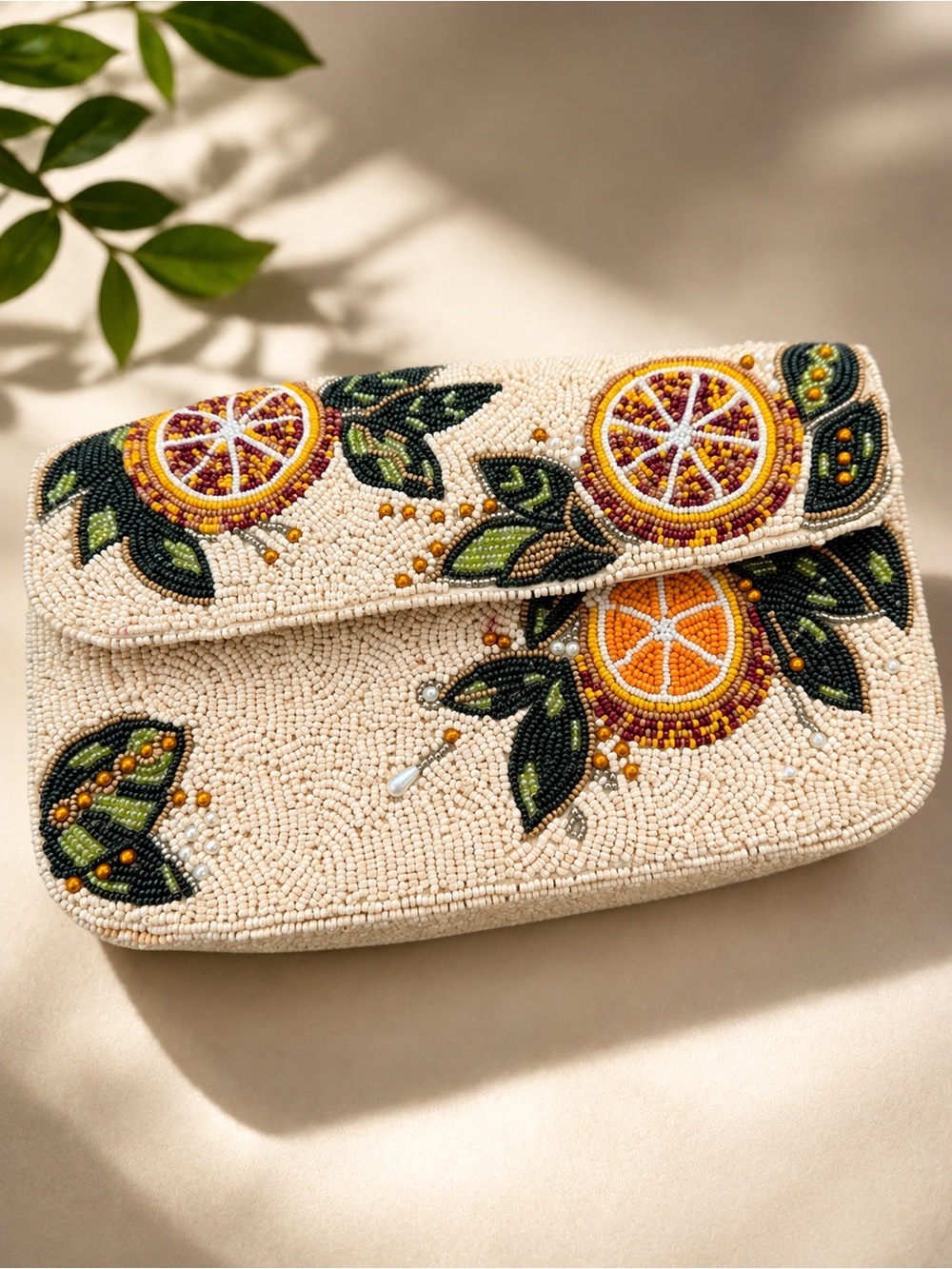 Beaded Citrus Embroidered Shoulder Bag - Peach - LAST PIECE